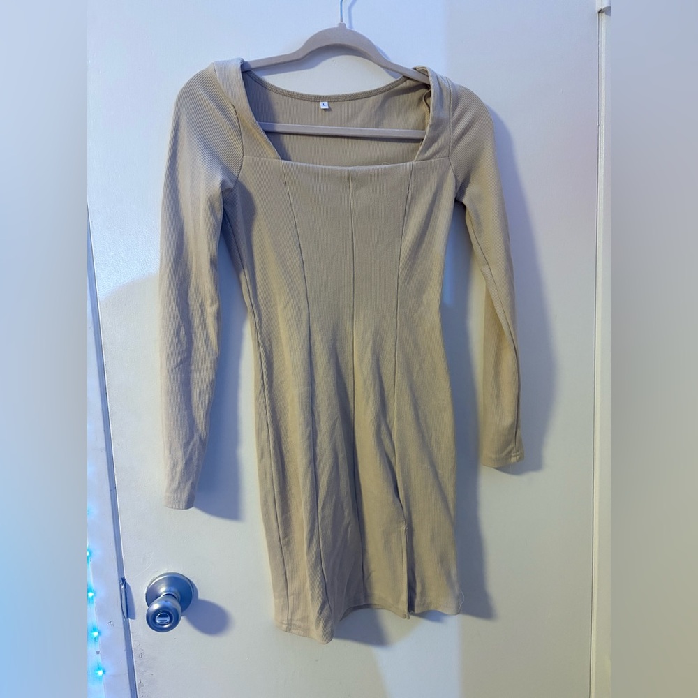 Cream Ribbed Bodycon Dress with Square Neck